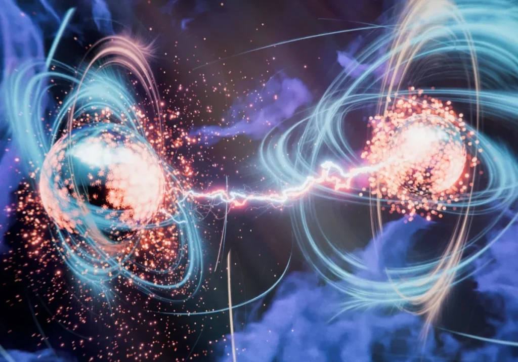 Electric energy arcs between two swirling spheres